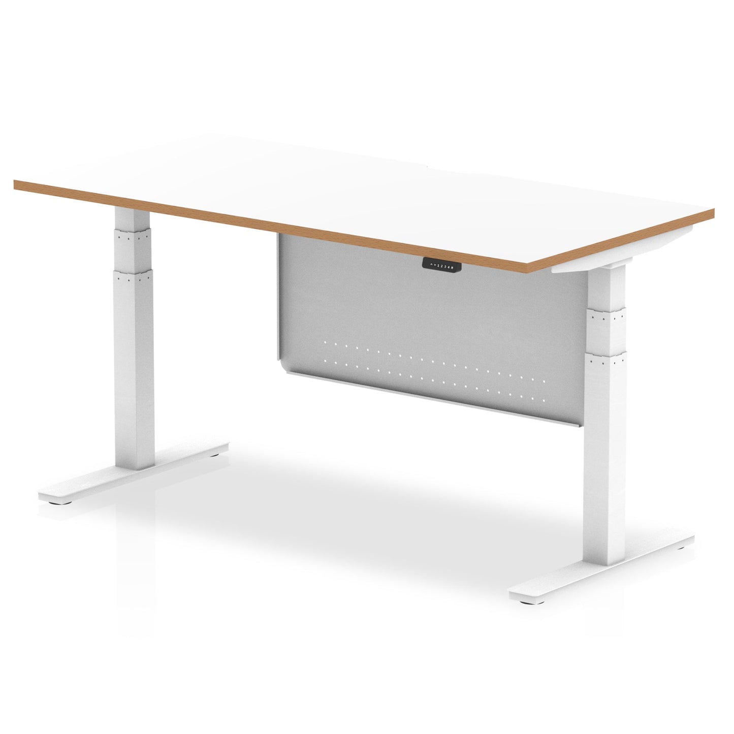 Oslo Air Height Adjustable Desk White Top Natural Wood Edge White Frame with White Steel Modesty Panel